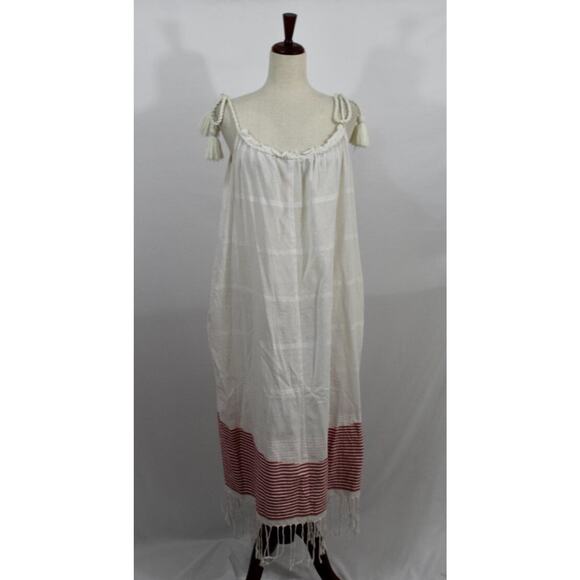 ULLA JOHNSON Sz P XS Adira Off White Red Stripe Coverup Dress Midi Tie Shoulder - Picture 2 of 14